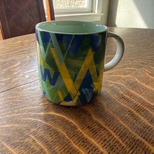 Anthropologie Lottie Monogram W Geo-Pattern Coffee Mug in Green and Yellow